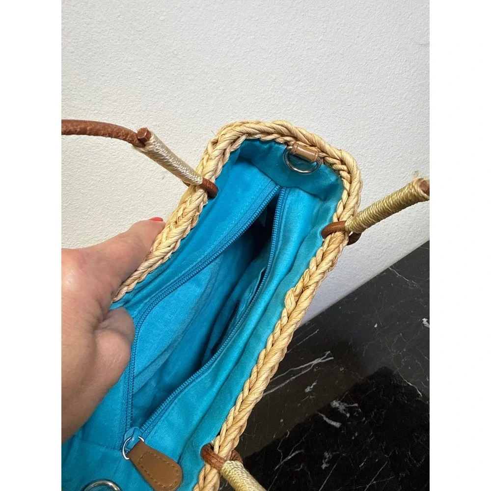 Tropical Palm Tree Embroidered Woven Straw Tote Bag Blue Lining Small Basket